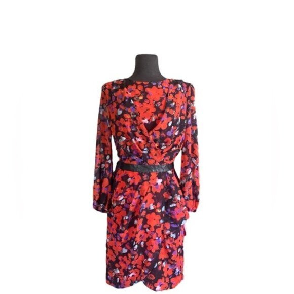 W118 Walter Baker Red Floral Print Sheath Dress Black Leather Waist Band… - Picture 6 of 7